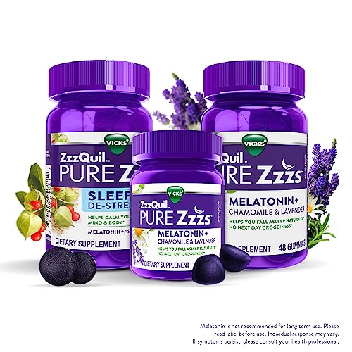 ZzzQuil PURE Zzzs, Melatonin Sleep Aid Gummies with Lavender, Valerian Root and Chamomile, Natural Wildberry Vanilla Flavor, Non-Habit Forming, Drug-Free, 48 Count