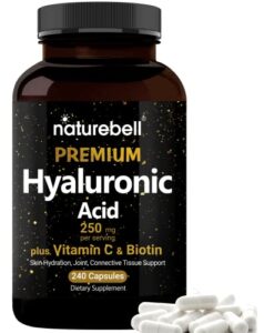 naturebell hyaluronic acid supplements 250mg | 240 capsules, with biotin 5000mcg & vitamin c 25mg, 3 in 1 support - skin hydration, joint lubrication, hair and eye health