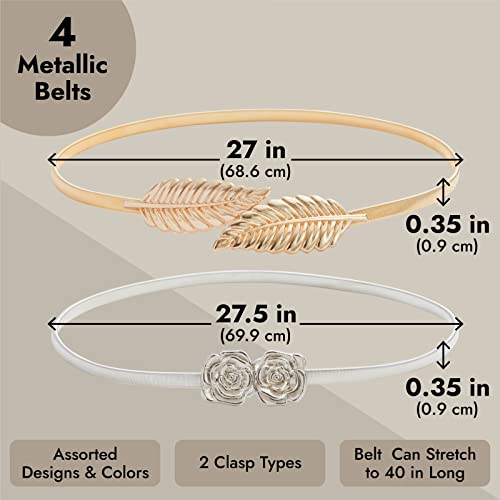 Juvale 4-Pack of Adjustable Fancy Dress Belts for Women, Skinny Stretch Metallic Waist Belts for Dresses, Blouse, Leaf and Rose Designs, Silver and Gold (27x0.35 in)