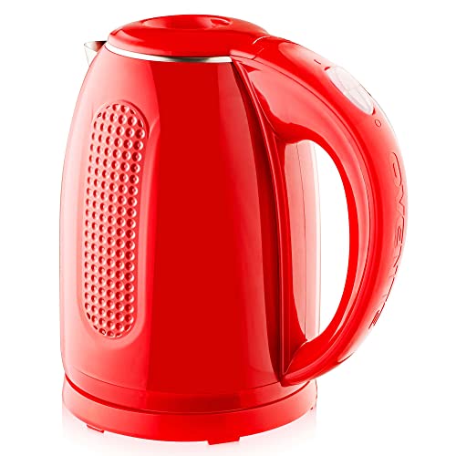 OVENTE Portable Electric Kettle Stainless Steel Instant Hot Water Boiler Heater 1.7 Liter 1100W Double Wall Insulated Fast Boiling with Automatic Shut Off for Coffee Tea & Cold Drinks, Red KD64R