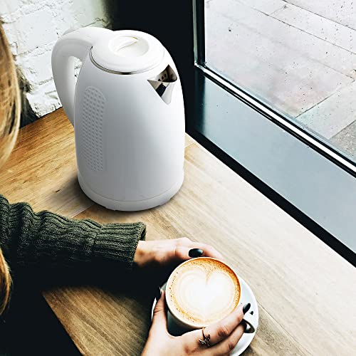 OVENTE Portable Electric Kettle Stainless Steel Instant Hot Water Boiler Heater 1.7 Liter 1100W Double Wall Insulated Fast Boiling with Automatic Shut Off for Coffee Tea & Cold Drinks, White KD64W