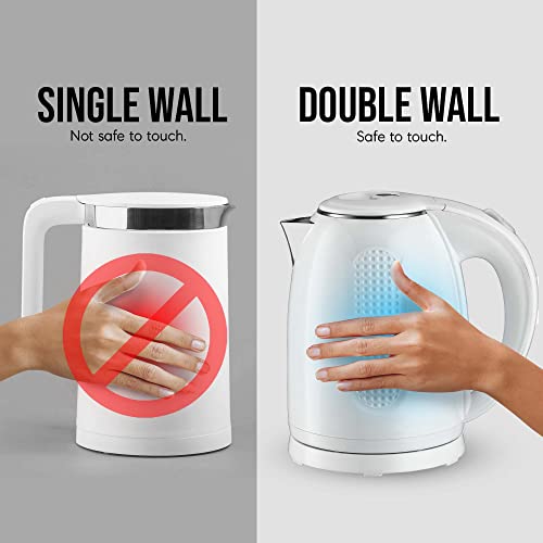 OVENTE Portable Electric Kettle Stainless Steel Instant Hot Water Boiler Heater 1.7 Liter 1100W Double Wall Insulated Fast Boiling with Automatic Shut Off for Coffee Tea & Cold Drinks, White KD64W