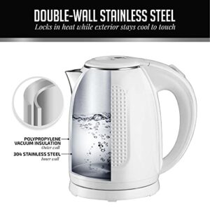 OVENTE Portable Electric Kettle Stainless Steel Instant Hot Water Boiler Heater 1.7 Liter 1100W Double Wall Insulated Fast Boiling with Automatic Shut Off for Coffee Tea & Cold Drinks, White KD64W