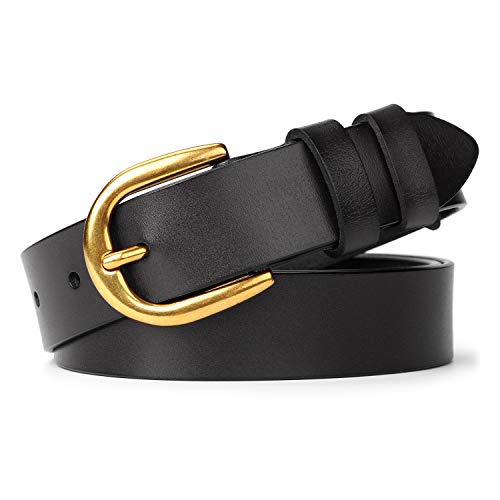 WHIPPY Women Casual Genuine Leather Belt for Jeans, Wide Ladies Waist Belt with Golden Buckle 1.26 Inches Width Strap (Suit Pant Size 29-34 Inches, Black)