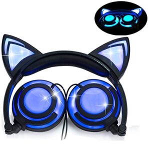 limson cat ear headphones for kids, led light with usb chargeable foldable earphones for childrenteens adults, compatible for ipad, tablet, computer, mobile phone (black&blue)