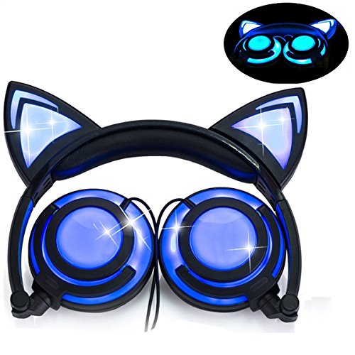 LIMSON Cat Ear Headphones for Kids, LED Light with USB Chargeable Foldable Earphones for ChildrenTeens Adults, Compatible for iPad, Tablet, Computer, Mobile Phone (Black&Blue)