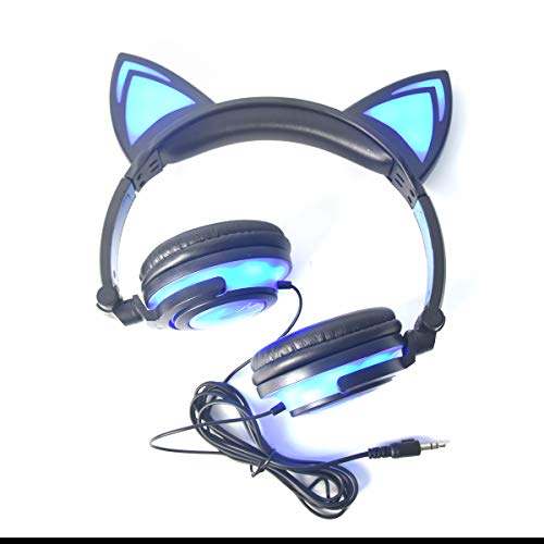 LIMSON Cat Ear Headphones for Kids, LED Light with USB Chargeable Foldable Earphones for ChildrenTeens Adults, Compatible for iPad, Tablet, Computer, Mobile Phone (Black&Blue)