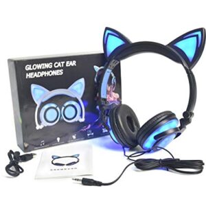 LIMSON Cat Ear Headphones for Kids, LED Light with USB Chargeable Foldable Earphones for ChildrenTeens Adults, Compatible for iPad, Tablet, Computer, Mobile Phone (Black&Blue)