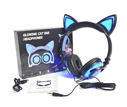 LIMSON Cat Ear Headphones for Kids, LED Light with USB Chargeable Foldable Earphones for ChildrenTeens Adults, Compatible for iPad, Tablet, Computer, Mobile Phone (Black&Blue)