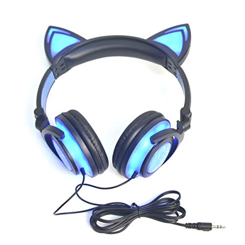 LIMSON Cat Ear Headphones for Kids, LED Light with USB Chargeable Foldable Earphones for ChildrenTeens Adults, Compatible for iPad, Tablet, Computer, Mobile Phone (Black&Blue)