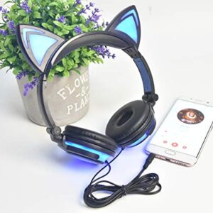 LIMSON Cat Ear Headphones for Kids, LED Light with USB Chargeable Foldable Earphones for ChildrenTeens Adults, Compatible for iPad, Tablet, Computer, Mobile Phone (Black&Blue)