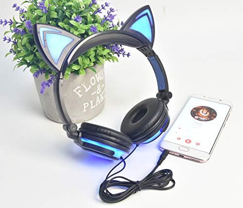 LIMSON Cat Ear Headphones for Kids, LED Light with USB Chargeable Foldable Earphones for ChildrenTeens Adults, Compatible for iPad, Tablet, Computer, Mobile Phone (Black&Blue)