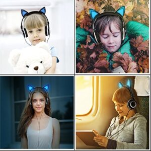 LIMSON Cat Ear Headphones for Kids, LED Light with USB Chargeable Foldable Earphones for ChildrenTeens Adults, Compatible for iPad, Tablet, Computer, Mobile Phone (Black&Blue)