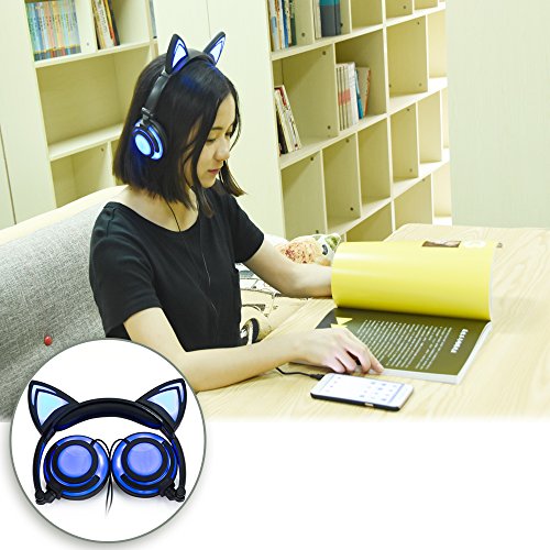 LIMSON Cat Ear Headphones for Kids, LED Light with USB Chargeable Foldable Earphones for ChildrenTeens Adults, Compatible for iPad, Tablet, Computer, Mobile Phone (Black&Blue)