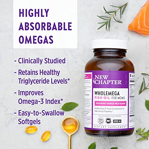 New Chapter Wholemega for Moms Fish Oil Supplement - Prenatal DHA with Omega-3 + Vitamin D3 for Prenatal & Postnatal Support - 180 ct, 500mg Softgels