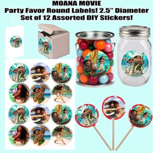 moana maui movie large 2.5” round circle stickers to place onto party favor bags, cards, boxes or containers -12 pcs