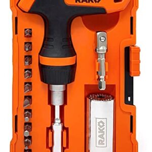 RAK Universal Socket Tool - Birthday Gifts for Men - Set of 15 with 1/4-to-3/4-inch Wrench Grip, T-Handle Ratchet Driver and 10 Screwdriver Bits - Father's Day Gift for men, Husband, Handyman