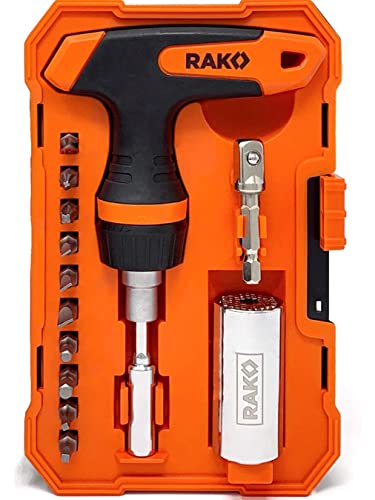 RAK Universal Socket Tool - Birthday Gifts for Men - Set of 15 with 1/4-to-3/4-inch Wrench Grip, T-Handle Ratchet Driver and 10 Screwdriver Bits - Father's Day Gift for men, Husband, Handyman