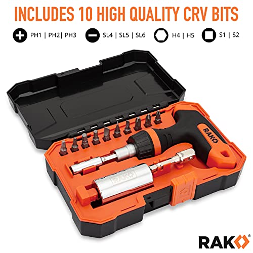 RAK Universal Socket Tool - Birthday Gifts for Men - Set of 15 with 1/4-to-3/4-inch Wrench Grip, T-Handle Ratchet Driver and 10 Screwdriver Bits - Father's Day Gift for men, Husband, Handyman