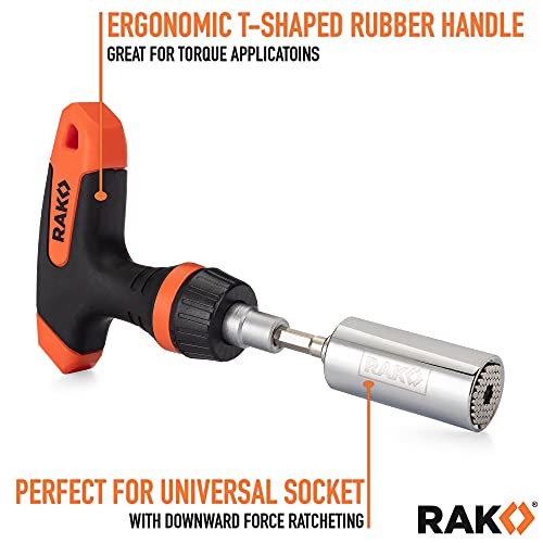 RAK Universal Socket Tool - Birthday Gifts for Men - Set of 15 with 1/4-to-3/4-inch Wrench Grip, T-Handle Ratchet Driver and 10 Screwdriver Bits - Father's Day Gift for men, Husband, Handyman