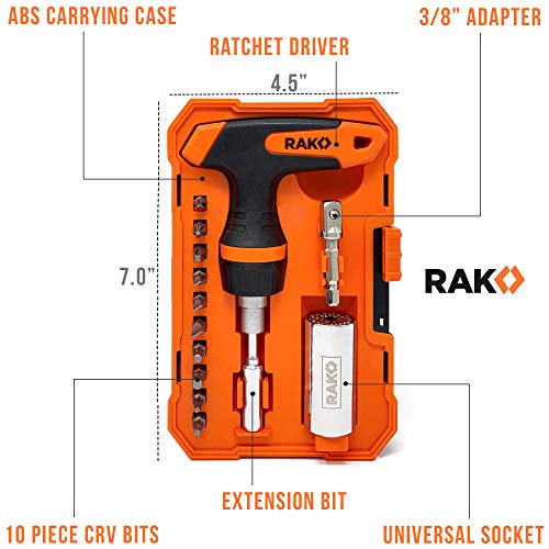 RAK Universal Socket Tool - Birthday Gifts for Men - Set of 15 with 1/4-to-3/4-inch Wrench Grip, T-Handle Ratchet Driver and 10 Screwdriver Bits - Father's Day Gift for men, Husband, Handyman