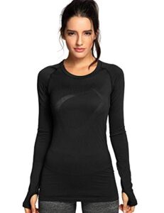 crz yoga women's seamless athletic long sleeves sports running shirt breathable gym workout top black-slim fit small