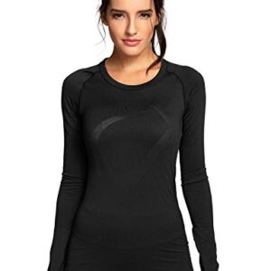 CRZ YOGA Women's Seamless Athletic Long Sleeves Sports Running Shirt Breathable Gym Workout Top Black-Slim Fit Small