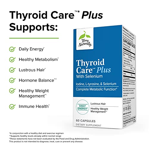 Terry Naturally Thyroid Care Plus - 60 Capsules - with Selenium, Iodine & L-Tyrosine - Non-GMO, Gluten Free, Kosher - 30 Servings