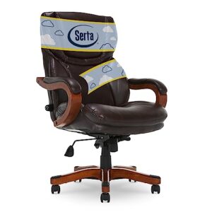 serta big and tall executive office chair with wood accents adjustable high back ergonomic lumbar support, bonded leather, 30.5d x 27.25w x 43.5h in, brown