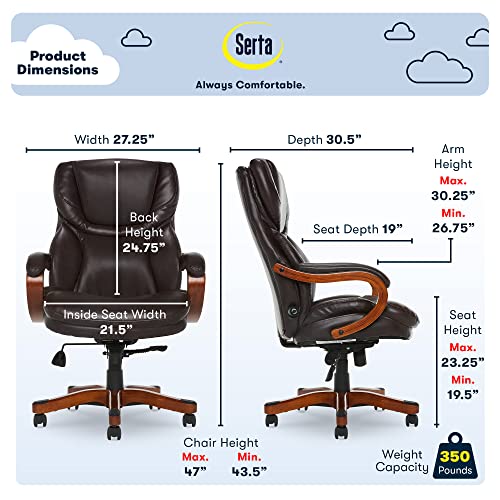 Serta Big and Tall Executive Office Chair with Wood Accents Adjustable High Back Ergonomic Lumbar Support, Bonded Leather, 30.5D x 27.25W x 43.5H in, Brown