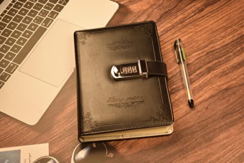 JunShop Digital Password Journal with Lock Retro Privacy Diary with Combination Lock Leather Binder Notebook Locking Journal Diary (Black)