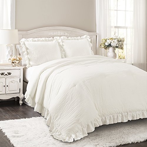 Lush Decor Reyna 3-Piece Ruffled Comforter Bedding Set with Pillow Shams, King, White