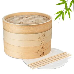 flexzion bamboo steamer basket set (8 inch), 50 x steamer liners and 2 pairs of chopsticks, steam baskets for dimsum dumplings, rice, vegetables, fish and meat