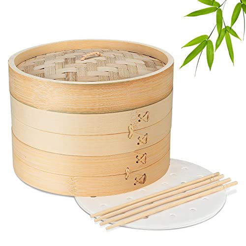 Flexzion Bamboo Steamer Basket Set (8 inch), 50 x Steamer Liners and 2 Pairs of Chopsticks, Steam Baskets for DimSum Dumplings, Rice, Vegetables, Fish and Meat