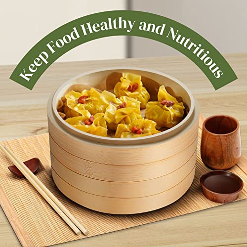 Flexzion Bamboo Steamer Basket Set (8 inch), 50 x Steamer Liners and 2 Pairs of Chopsticks, Steam Baskets for DimSum Dumplings, Rice, Vegetables, Fish and Meat