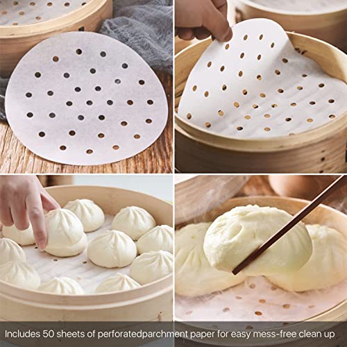 Flexzion Bamboo Steamer Basket Set (8 inch), 50 x Steamer Liners and 2 Pairs of Chopsticks, Steam Baskets for DimSum Dumplings, Rice, Vegetables, Fish and Meat