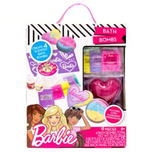 barbie make your own bath bomb kit by horizon group usa, diy four custom colorful & sweet-smelling bath bombs, includes stencil, glitter, molds, fragrances & more, pink, yellow, teal & purple