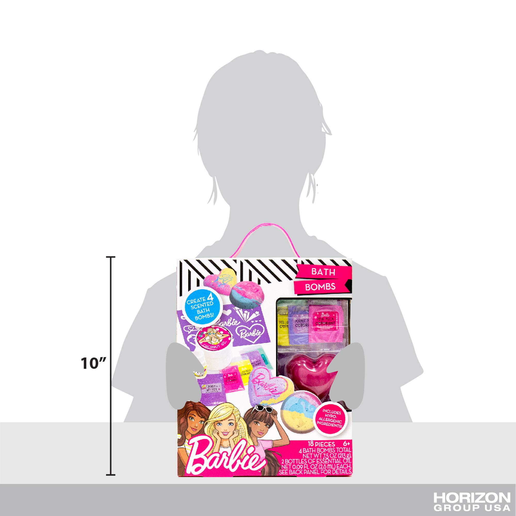 Barbie Make Your Own Bath Bomb Kit by Horizon Group USA, DIY Four Custom Colorful & Sweet-Smelling Bath Bombs, Includes Stencil, Glitter, Molds, Fragrances & More, Pink, Yellow, Teal & Purple