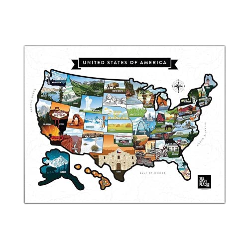 SEE MANY PLACES 28x22" USA Scratch Off Travel Map with Gold Foiling