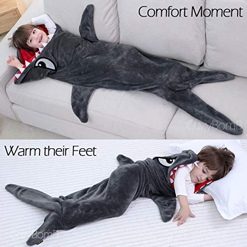 CozyBomB Shark Tails Animal Blanket for Kids - Cozy Smooth One Piece Design - Durable Seamless Plush Throw Enlarged Size Gray Sleeping Bag with Blankie Fun Fin - Boys and Girls