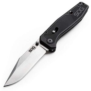 sog flare folding and pocket knife assisted opening tech knife w/ 3.5 inch stainless straight edge blade & tactical knife grn grip (fla1001-cp), black