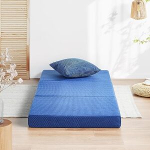 olee sleep tri-folding memory foam mattress topper, 4 inch gel folding mattress for camping, foldable guest bed, certipur-us certified, soft, blue, twin size