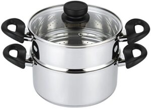 nevlers 3 piece premium heavy duty stainless steel steamer pot set includes 3 quart cooking pot, 2 quart steamer insert and vented glass lid | stack and steam pot set for all cooking surfaces