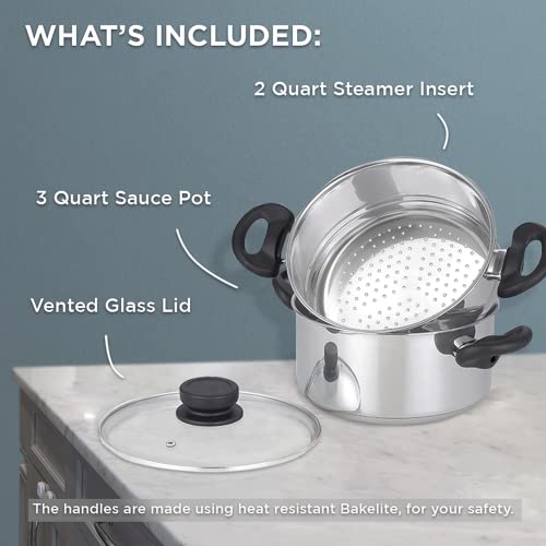 Nevlers 3 Piece Premium Heavy Duty Stainless Steel Steamer Pot Set Includes 3 Quart Cooking Pot, 2 Quart Steamer Insert and Vented Glass Lid | Stack and Steam Pot Set for All Cooking Surfaces