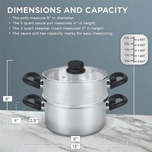 Nevlers 3 Piece Premium Heavy Duty Stainless Steel Steamer Pot Set Includes 3 Quart Cooking Pot, 2 Quart Steamer Insert and Vented Glass Lid | Stack and Steam Pot Set for All Cooking Surfaces