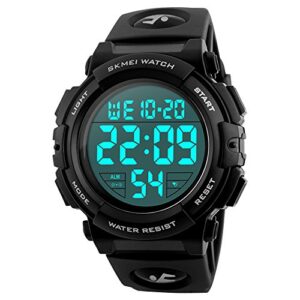 skmei mens big dial digital watch waterproof led chronograph alarm clock, black, strap