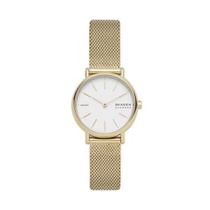 skagen women's signatur quartz analog stainless steel and stainless steel mesh watch, color: gold / white (model: skw2693)