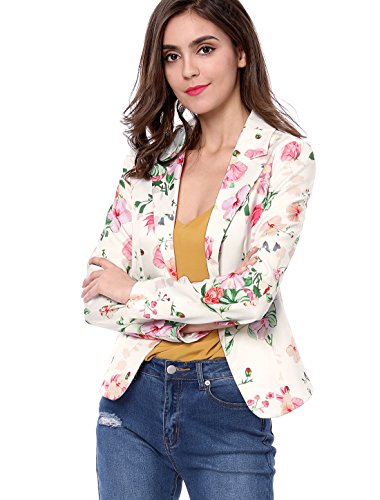 Allegra K Women's Open Front Notch Lapel Printed Business Casual Suit Blazer Jacket Medium White-Floral