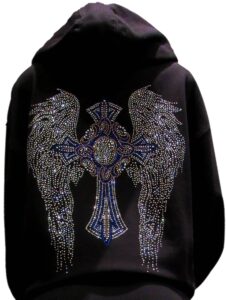 multicolor rhinestone cross and angel wings black zipper hoodie(xl)