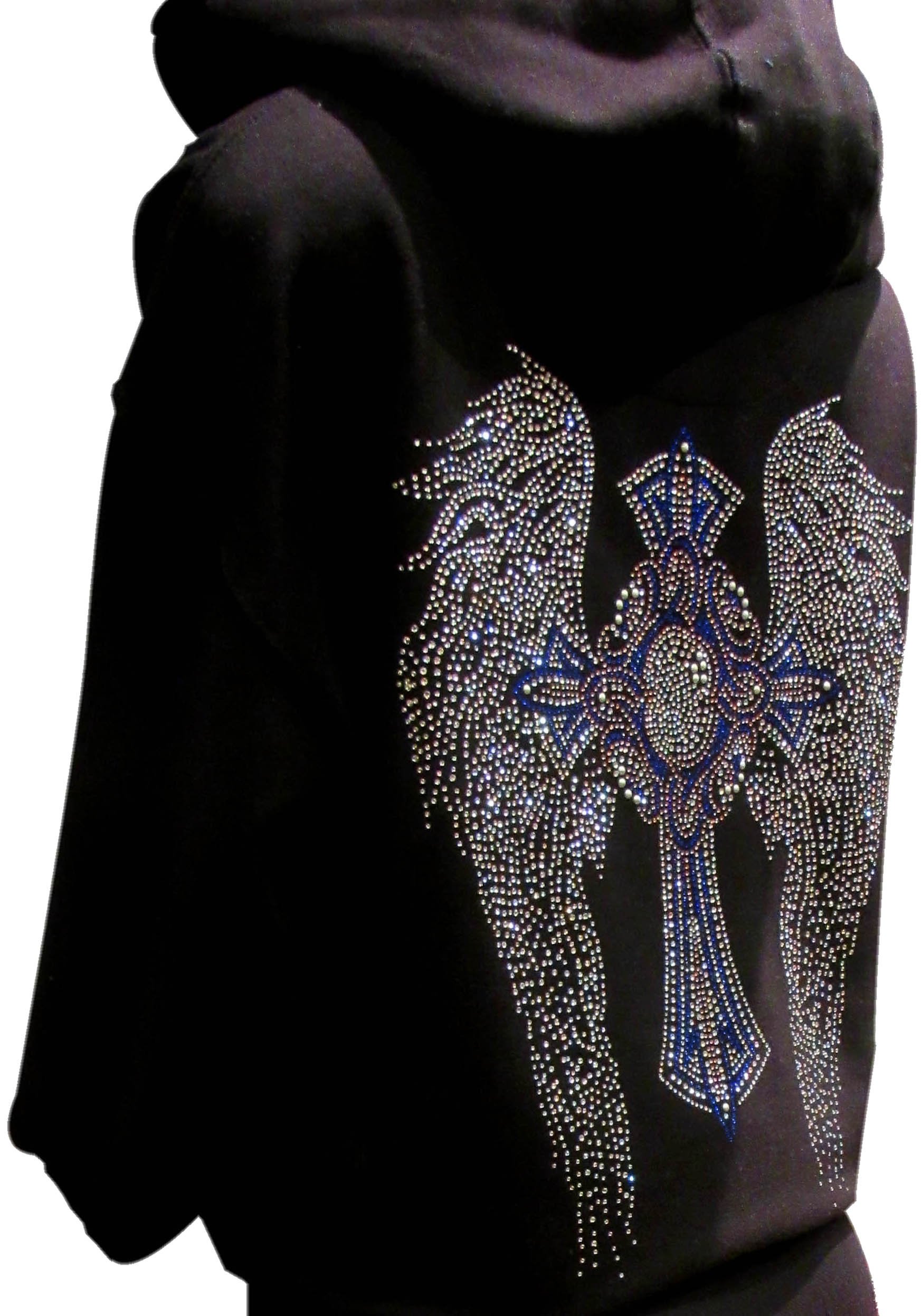 Multicolor Rhinestone Cross and Angel Wings Black Zipper Hoodie(XL)